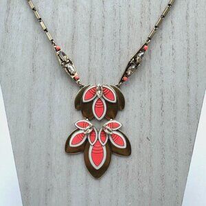 Stella & Dot Necklace 30" Gold Tone Coral Orange White Enamel Trifoil Pendant